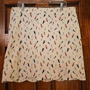 Tropical Bird Print Scalloped Hem Mini Skirt Cream Toucan Parrot Size 14